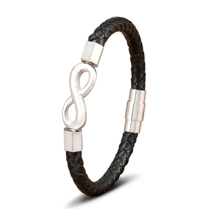 Men's black braided leather infinity bracelet with polished stainless steel magnetic clasp