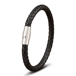 Braided black leather bracelet for men featuring a polished stainless steel magnetic clasp