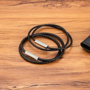 Double-wrap black braided leather bracelet for men with silver stainless steel magnetic clasp