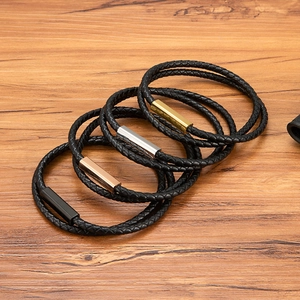 Men Double Wrap Braided Genuine Leather Bracelet With Magnetic Stainless Steel Clasp Minimalist Fashion Jewelry Gift