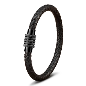 Bracciale minimalista in pelle intrecciata nera da uomo con chiusura in acciaio inox