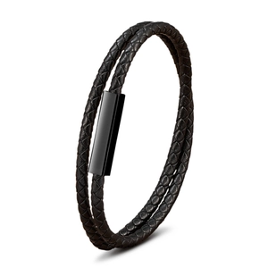 Double-wrap black braided leather bracelet for men featuring a polished magnetic steel clasp