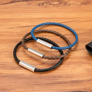 Men Minimalist Braided Leather Bracelet With Magnetic Stainless Steel Clasp Elegant Fashion Jewelry Blue Gold Black Gift