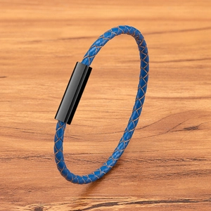 Blue braided leather bracelet with a black magnetic stainless steel clasp for men