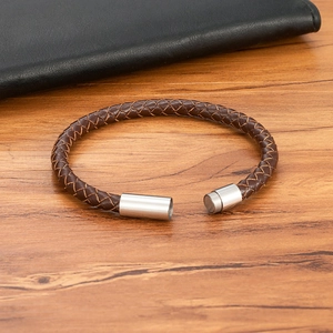 Minimalist black braided leather bracelet with magnetic stainless steel clasp for men