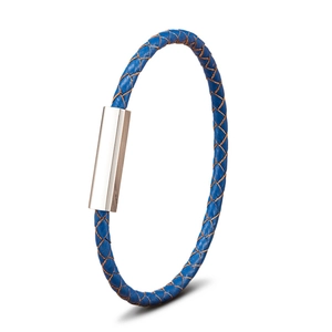 Blue braided leather bracelet with polished silver magnetic stainless steel clasp