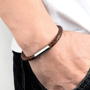 Brown braided leather bracelet with silver magnetic steel clasp for men casual fashion