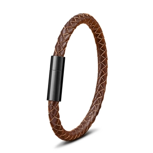 Brown braided leather bracelet for men with black magnetic stainless steel clasp