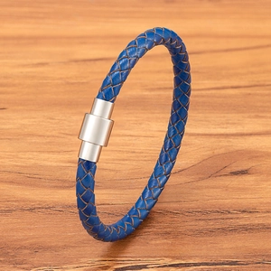 Men's Braided Genuine Leather Bracelet Simple Stainless Steel Magnetic Clasp Fashion Jewelry Bangle Black Brown Blue
