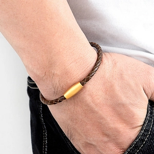 Men's brown braided leather bracelet with a matte gold magnetic stainless steel clasp
