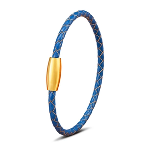 Blue braided leather bracelet with a polished gold stainless steel magnetic clasp