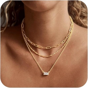 Three-layer layered necklace set with paperclip chain and rectangular zircon pendant