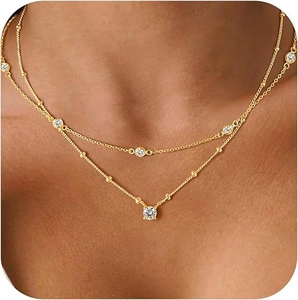 Elegant Double Layer Titanium Steel Necklace For Women Gold Plated Copper Zirconia Single Diamond Beads Chain Choker Jewelry