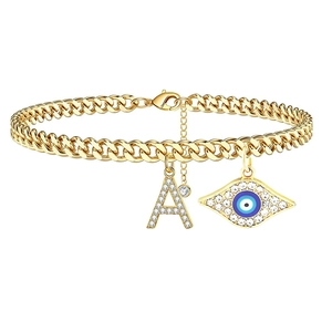 Vergoldeter Kupfer Fußkettchen Mit Panzerkette Und Böser Blick Anhänger Zirkonia Buchstaben Anhänger Fußschmuck Für Damen Sommer Schmuck