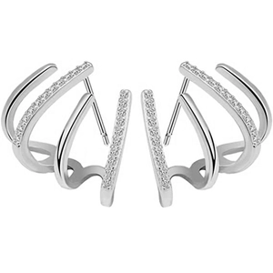 Luxury silver four-claw zircon wrap earrings with minimalist multi-layer curved design