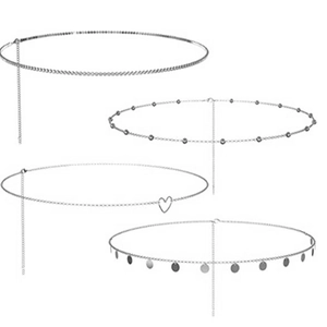 Set of four minimalist silver metal waist chains featuring heart and sequin charms