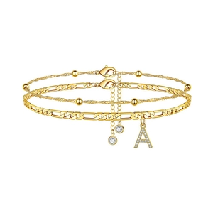 Mode Vergoldete Legierung Initial Fußkettchen Für Damen Zirkonia Alphabet Anhänger Figaro Kette Doppellagig Strand Schmuck Fußkette