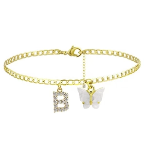 Mode Vergoldete Legierung Schmetterling Fußkettchen Mit Strass Anfangsbuchstaben Anhänger Verstellbar Strand Sommer Schmuck Für Damen