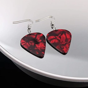 Guitar pick earrings with red and black marble texture on stainless steel hooks
