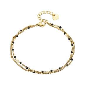 Bracciale a doppio strato placcato oro 14K in acciaio inox con perline nere e cuore