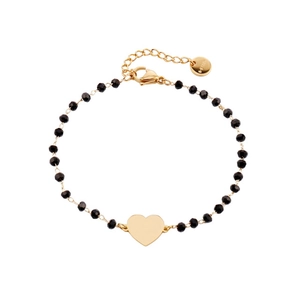 Elegant gold stainless steel bead bracelet with a black faceted bead heart charm
