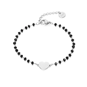 Black beaded bracelet with a polished heart charm and stainless steel lobster clasp