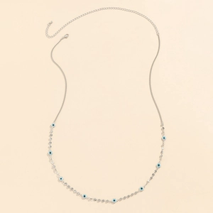 Silberne Körperkette mit blauen Evil Eye Anhängern und Pailletten, verstellbarer Karabinerverschluss