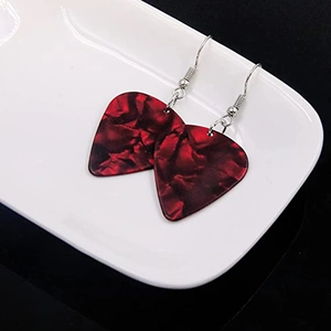 Deep red marble guitar pick earrings with silver hooks for music lovers accessory