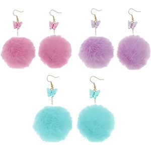 Orecchini chic a farfalla con pompon in ecopelliccia nei colori rosa viola e azzurro