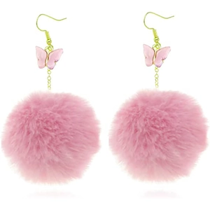 Lussuosi Orecchini Pendenti Lunghi in Lega Acrilico Farfalla con Pom-pom in Pelliccia di Visone Gancio Dorato per Donna Gioielli