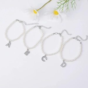 Minimalist Faux Artificial Pearl Bracelet With Zirconia Inlaid Alphabet Initial Letter Pendant Adjustable For Women Girls Elegant Fashion Jewelry Gift