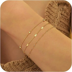 Minimalistisches 14K Vergoldetes Kupfer Armband Fußkettchen Set Für Damen Geometrische Perle Metallplatte Gedrehte Seilkette Schmuck