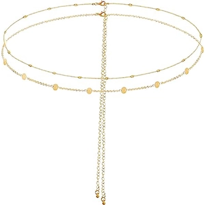 Detailed view of golden double-layer body chain with polished circular sequins and lobster clasp