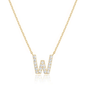 Elegante goldene Halskette mit funkelndem, diamantbesetztem Buchstaben W Anhänger auf Weiß