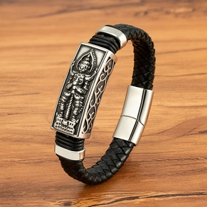 Herren Vintage Geflochtenes Lederarmband Mit Edelstahl Buddha Wikinger Muster Relief Magnetverschluss Religiöser Schmuck Geschenk