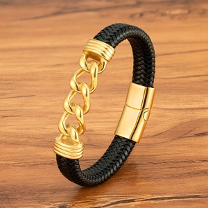 Herren Geflochtenes Lederarmband Mit Edelstahl Panzerkette Gold Silber Magnetverschluss Punk Mode Schmuck Geschenk