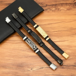 Bracelets homme en cuir tressé avec symbole Maçonnique G en finitions or, noir et argent