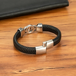 Men's punk braided black leather bracelet with silver interlocking chain metal buckle
