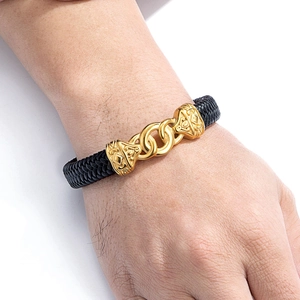 Men's punk braided leather bracelet with golden link magnetic clasp in black finish