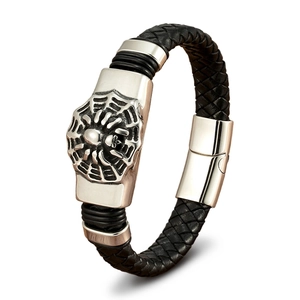 Bracelet punk pour homme en cuir tressé noir avec motif araignée en acier inoxydable