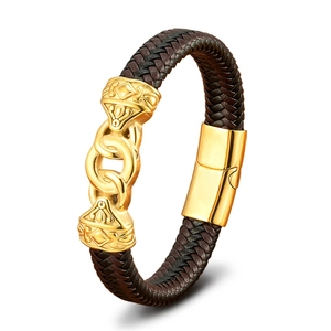 Men's punk braided leather bracelet with vintage gold metal charm and magnetic buckle