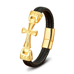 Klassisches Edelstahl Totem Kreuz Lederarmband mit Magnetverschluss für Herren