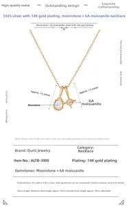 Detail view of S925 silver 14K gold plated necklace with moonstone and moissanite pendants
