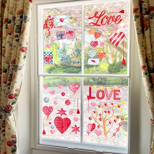 Aquarel Valentijnsdag raamstickers met Love tekst en hartjesboom voor glasdecoratie
