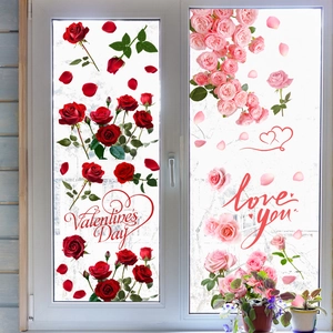 Romantische Valentijnsdag raamstickers met rode rozen en liefde tekst op glas