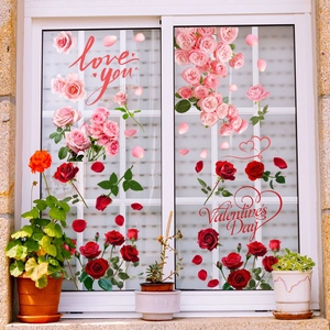 Detailweergave van Valentijnsdag raamstickers met roze rozen en de tekst Love You