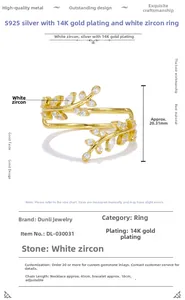 Detail van de S925 zilveren bladring met witte zirkoonzetting en hoogte van 20,31 mm