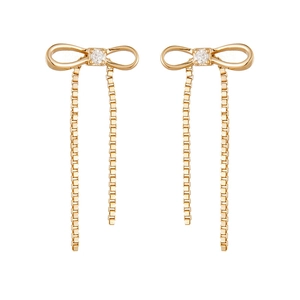 Elegante gouden strik oorbellen met kristallen en lange box chain kwastjes