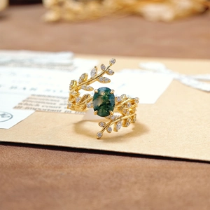 Mosagaat S925 zilveren ring met gouden olijfblad ontwerp en fonkelende diamant accenten