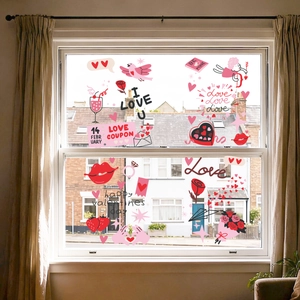 Gezellig raam versierd met rode hartballonnen en Cupido Valentijn statische stickers
